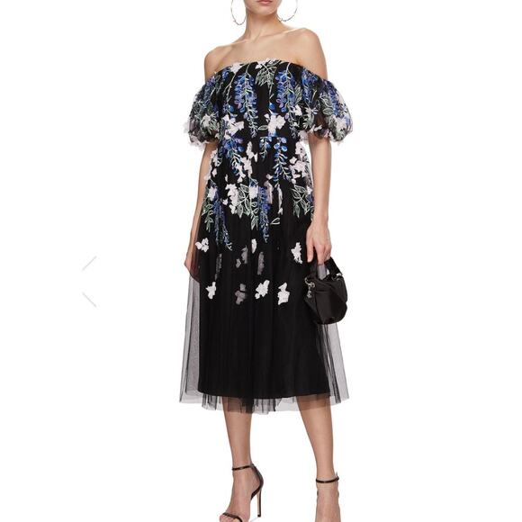 Marchesa Embroidered Tulle Midi Dress Black Blue 3D Floral Off Shoulder Sz 0 - Picture 1 of 12
